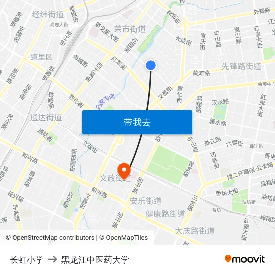 长虹小学 to 黑龙江中医药大学 map