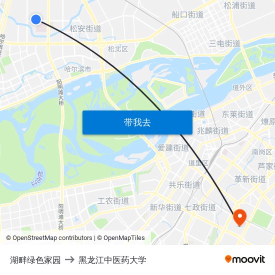 湖畔绿色家园 to 黑龙江中医药大学 map