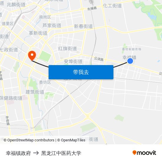 幸福镇政府 to 黑龙江中医药大学 map