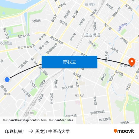 印刷机械厂 to 黑龙江中医药大学 map