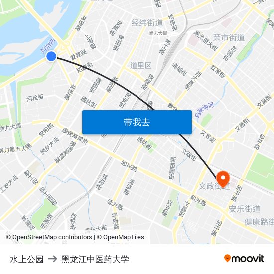 水上公园 to 黑龙江中医药大学 map