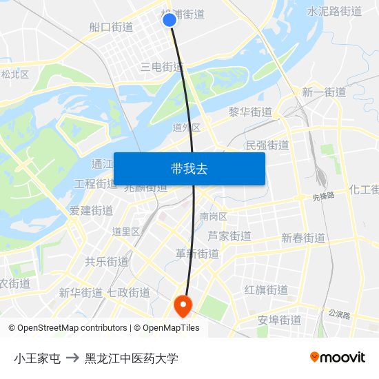 小王家屯 to 黑龙江中医药大学 map