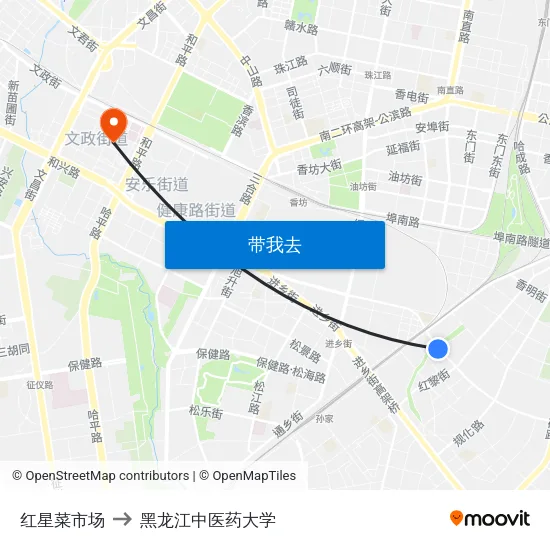 红星菜市场 to 黑龙江中医药大学 map