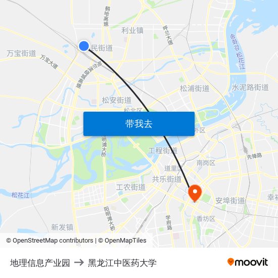 地理信息产业园 to 黑龙江中医药大学 map