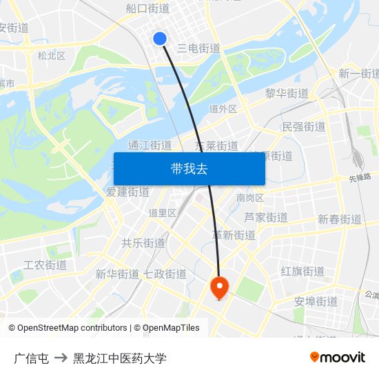 广信屯 to 黑龙江中医药大学 map