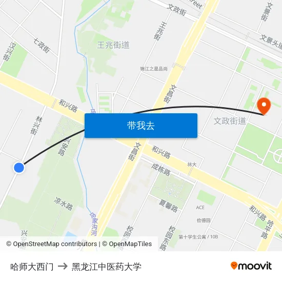 哈师大西门 to 黑龙江中医药大学 map