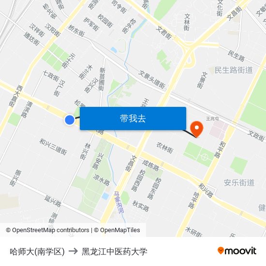 哈师大(南学区) to 黑龙江中医药大学 map