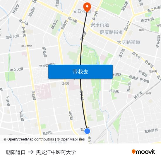 朝阳道口 to 黑龙江中医药大学 map