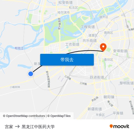 宫家 to 黑龙江中医药大学 map