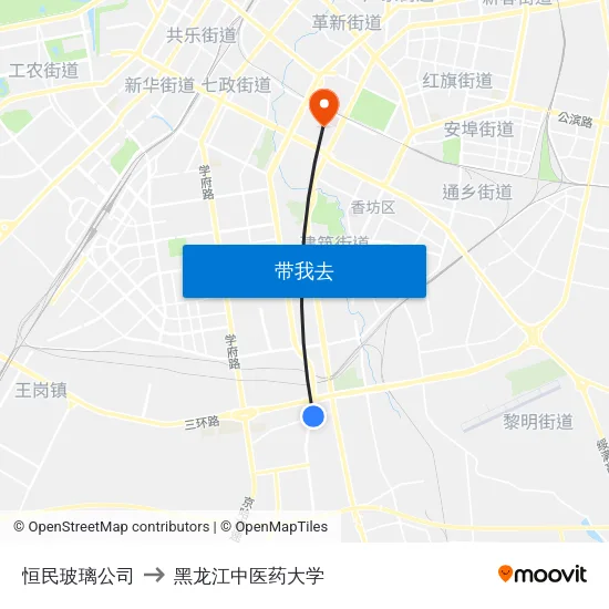 恒民玻璃公司 to 黑龙江中医药大学 map