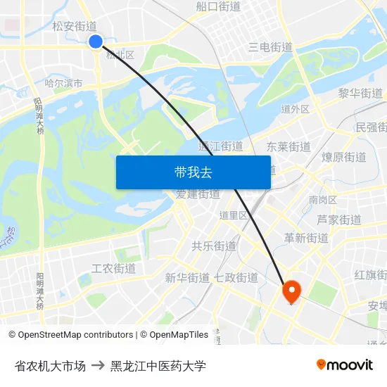 省农机大市场 to 黑龙江中医药大学 map