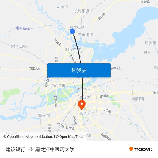 建设银行 to 黑龙江中医药大学 map