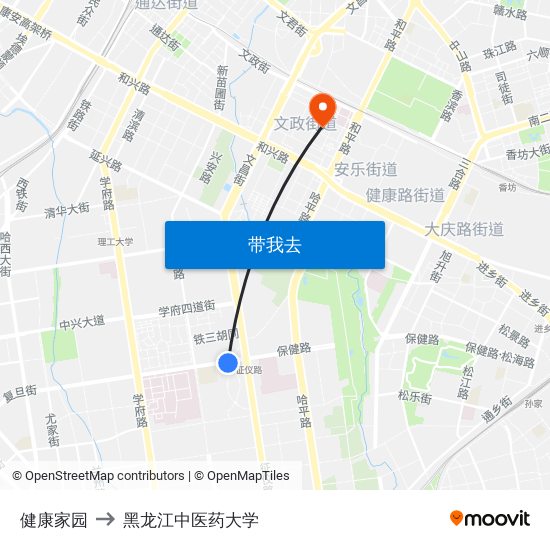 健康家园 to 黑龙江中医药大学 map