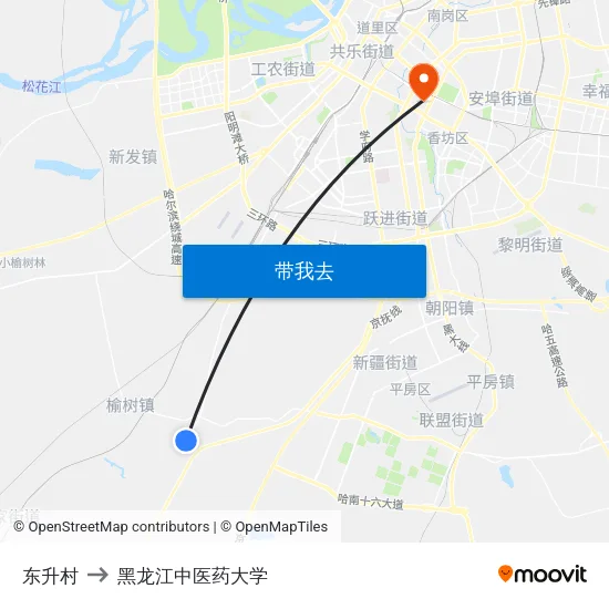 东升村 to 黑龙江中医药大学 map