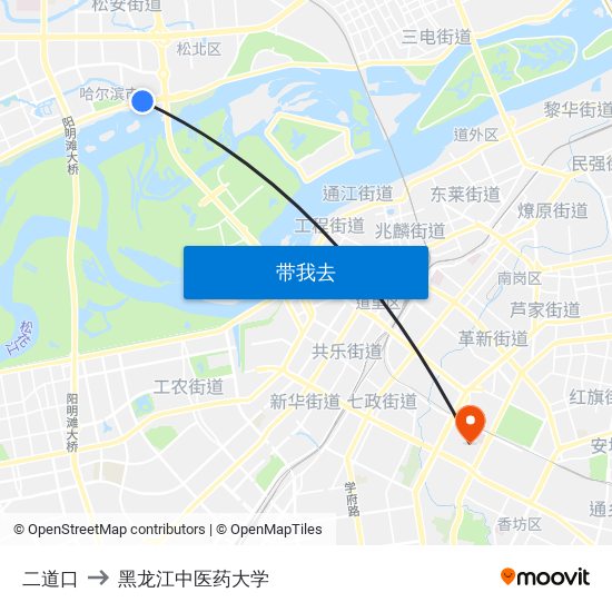 二道口 to 黑龙江中医药大学 map