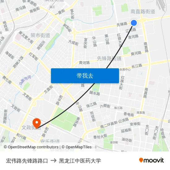 宏伟路先锋路路口 to 黑龙江中医药大学 map