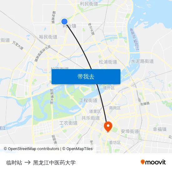 临时站 to 黑龙江中医药大学 map