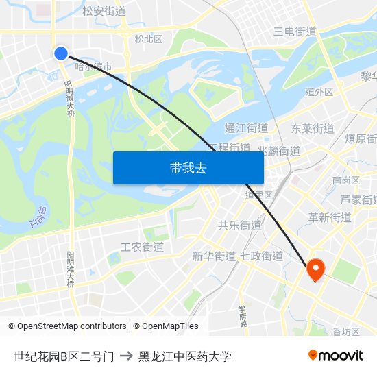 世纪花园B区二号门 to 黑龙江中医药大学 map