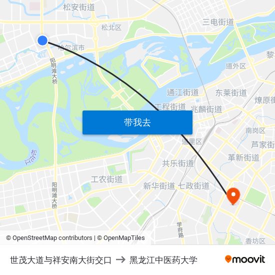 世茂大道与祥安南大街交口 to 黑龙江中医药大学 map