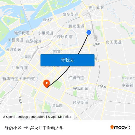 绿荫小区 to 黑龙江中医药大学 map