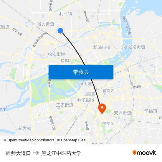 哈师大道口 to 黑龙江中医药大学 map