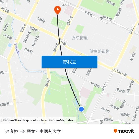 健康桥 to 黑龙江中医药大学 map