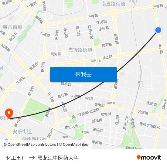 化工五厂 to 黑龙江中医药大学 map