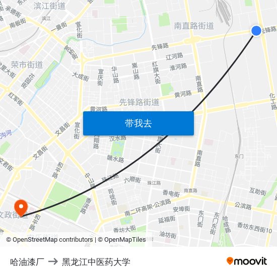 哈油漆厂 to 黑龙江中医药大学 map