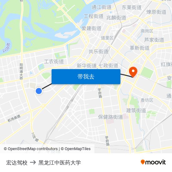 宏达驾校 to 黑龙江中医药大学 map