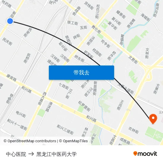 中心医院 to 黑龙江中医药大学 map
