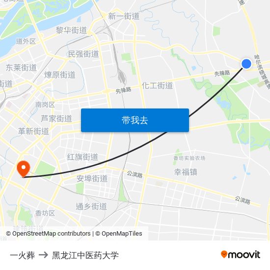 一火葬 to 黑龙江中医药大学 map