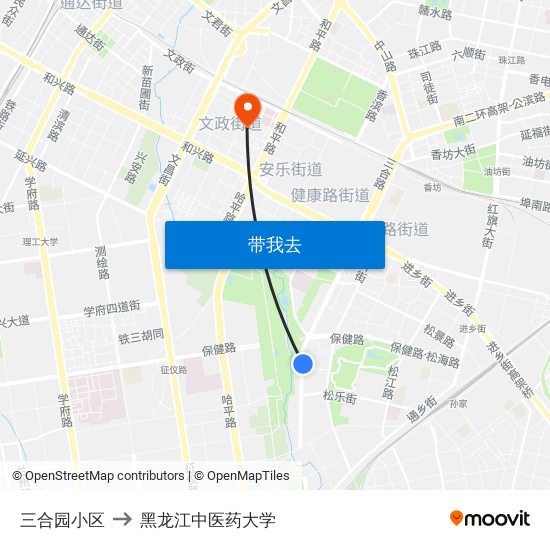 三合园小区 to 黑龙江中医药大学 map