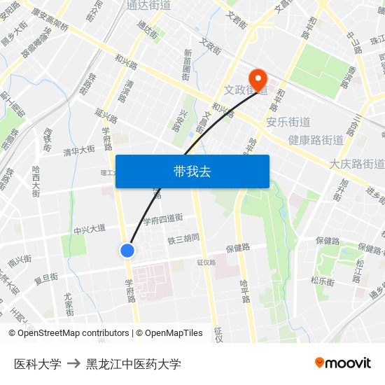 医科大学 to 黑龙江中医药大学 map
