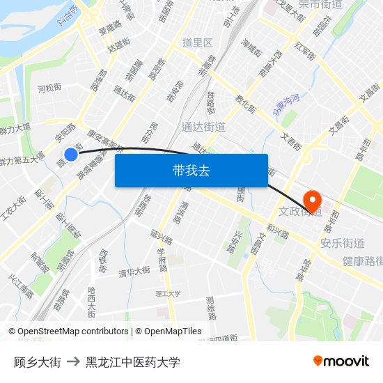 顾乡大街 to 黑龙江中医药大学 map