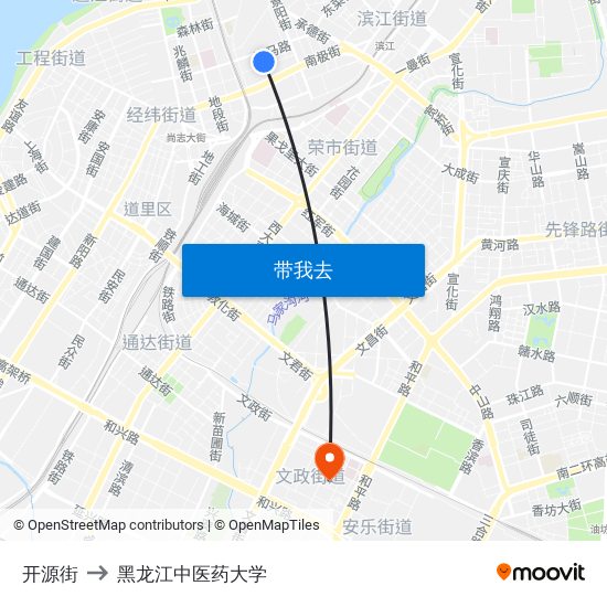 开源街 to 黑龙江中医药大学 map