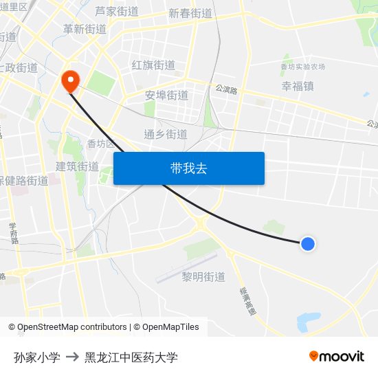孙家小学 to 黑龙江中医药大学 map