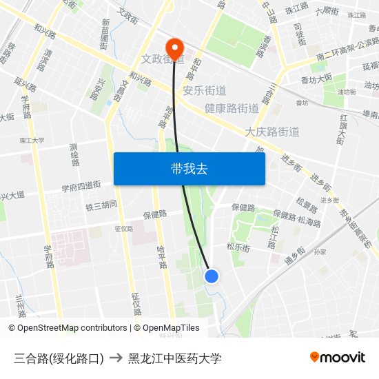 三合路(绥化路口) to 黑龙江中医药大学 map