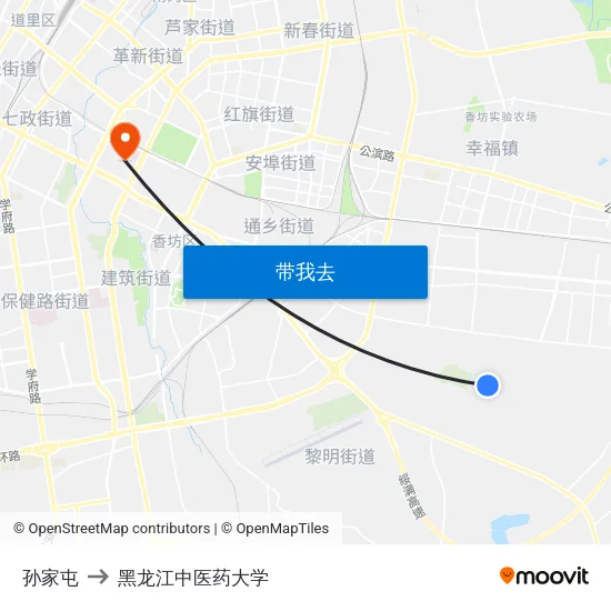 孙家屯 to 黑龙江中医药大学 map