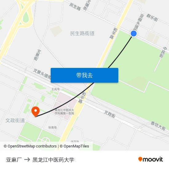 亚麻厂 to 黑龙江中医药大学 map