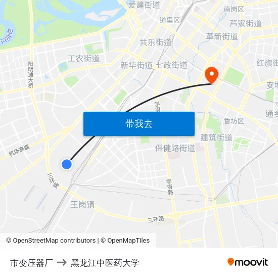市变压器厂 to 黑龙江中医药大学 map