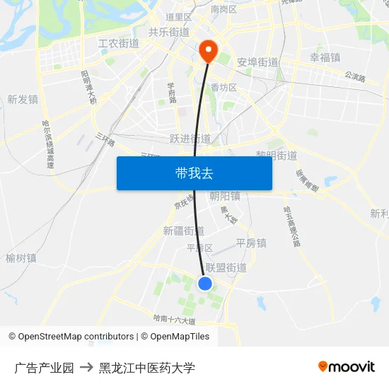 广告产业园 to 黑龙江中医药大学 map