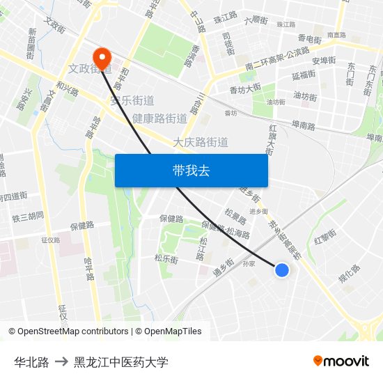 华北路 to 黑龙江中医药大学 map