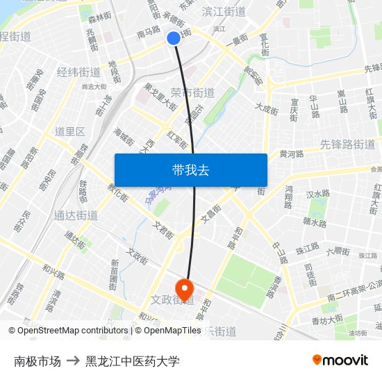 南极市场 to 黑龙江中医药大学 map