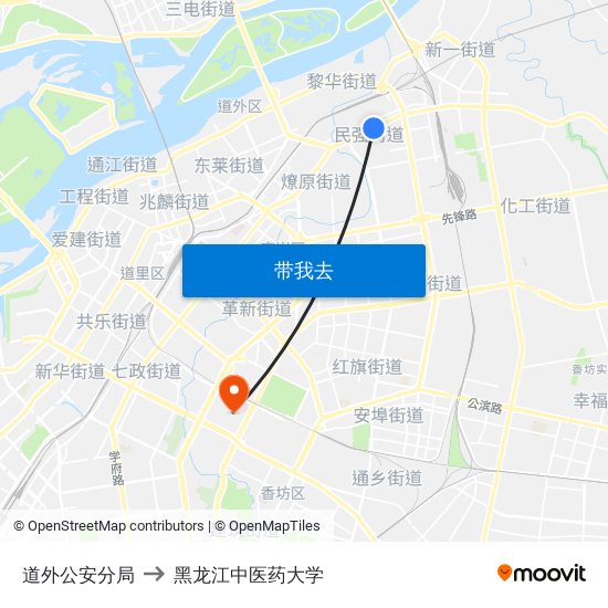 道外公安分局 to 黑龙江中医药大学 map