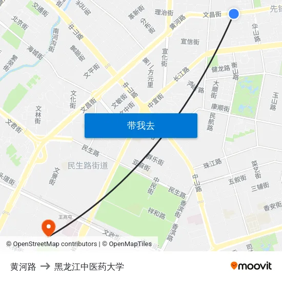 黄河路 to 黑龙江中医药大学 map