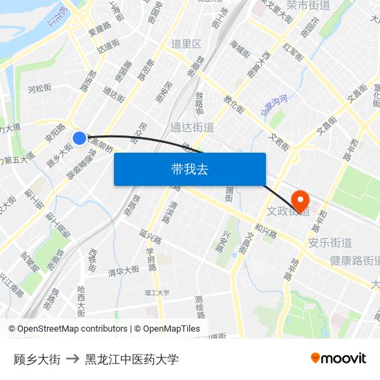 顾乡大街 to 黑龙江中医药大学 map