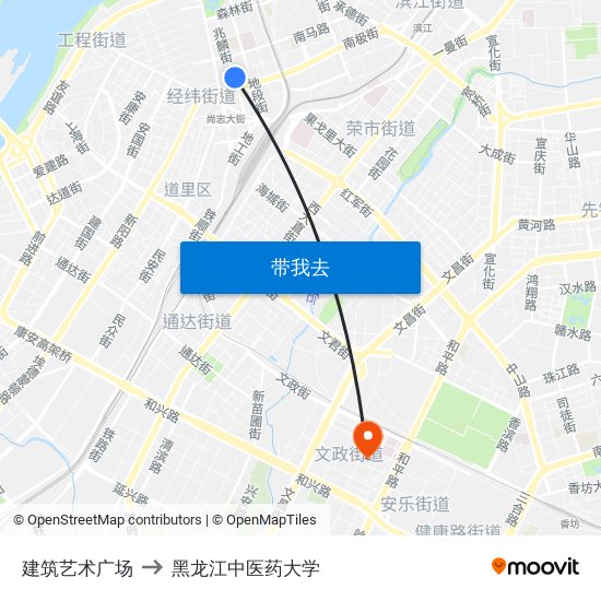 建筑艺术广场 to 黑龙江中医药大学 map