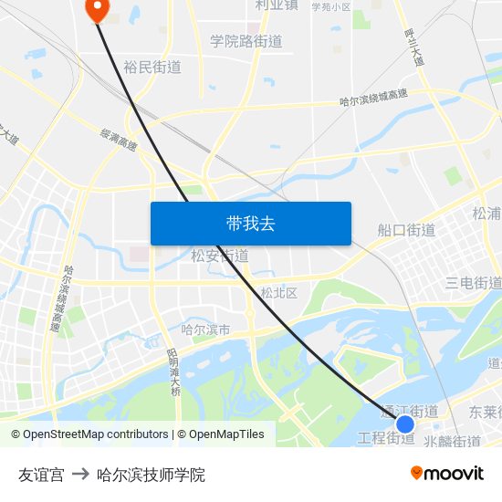 友谊宫 to 哈尔滨技师学院 map