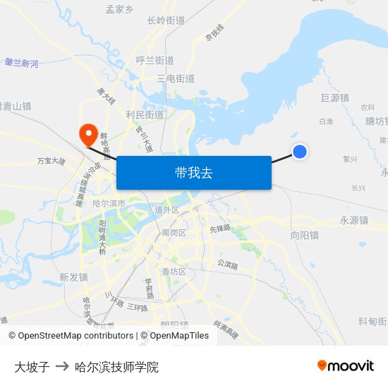 大坡子 to 哈尔滨技师学院 map