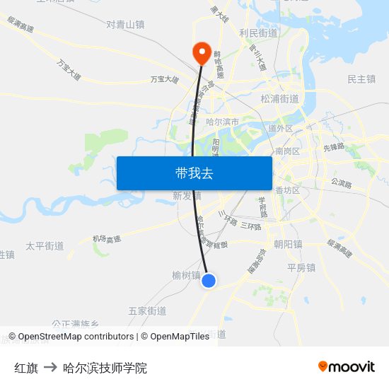 红旗 to 哈尔滨技师学院 map